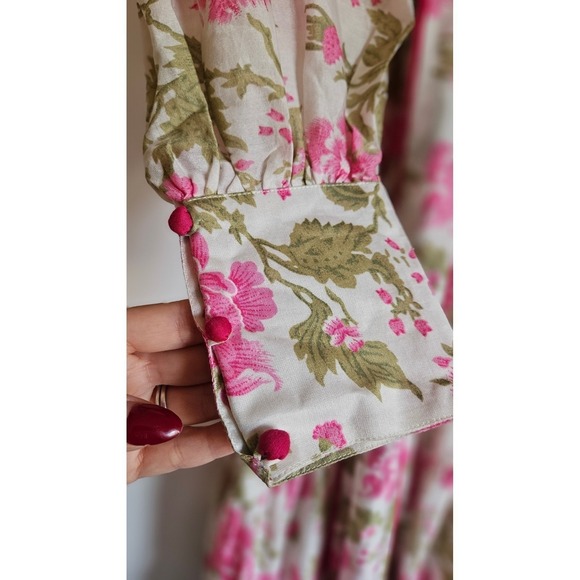 Sue Sartor Pink Floral Flounce Dress Cotton Midi Prairie Style Sz M - Picture 7 of 11